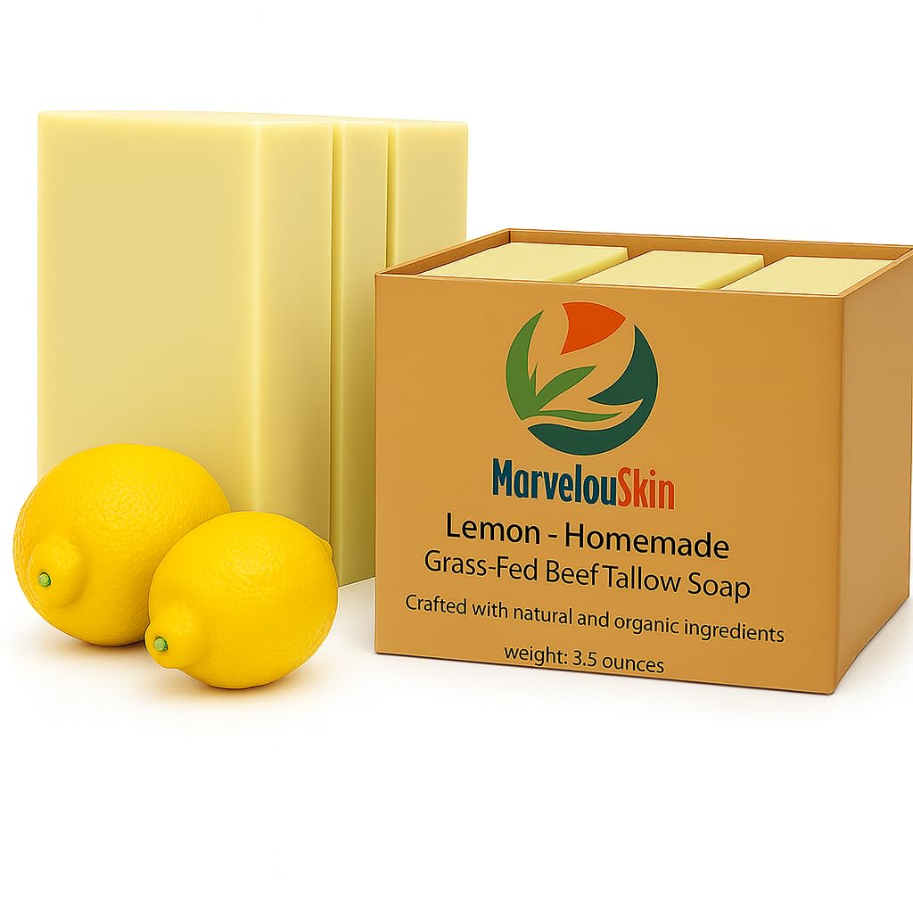 Marvelouskin Lemon Tallow Soap with citrus slice for a refreshing early-morning cleanse.