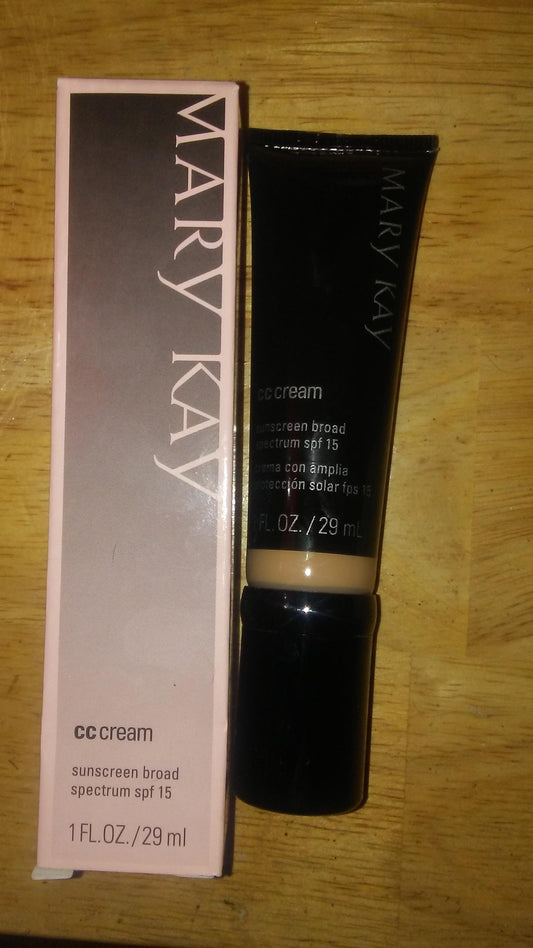 Mary Kay CC Cream Sunscreen SPF 15 tube for medium-deep tones offering lightweight coverage and sun protection.