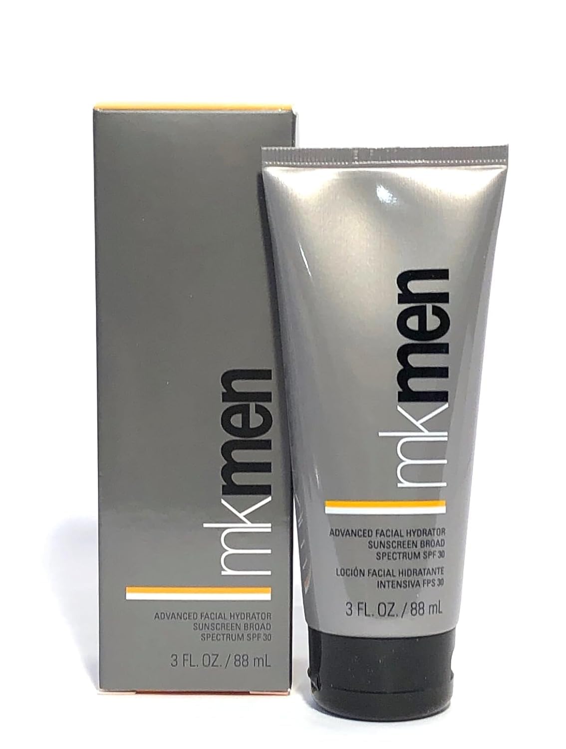 Mary Kay MK Men Advanced Facial Hydrator bottle highlights a lightweight moisturizer with built-in sunscreen.
