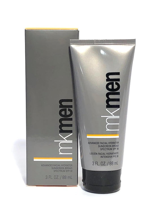 Mary Kay MK Men Advanced Facial Hydrator bottle highlights a lightweight moisturizer with built-in sunscreen.