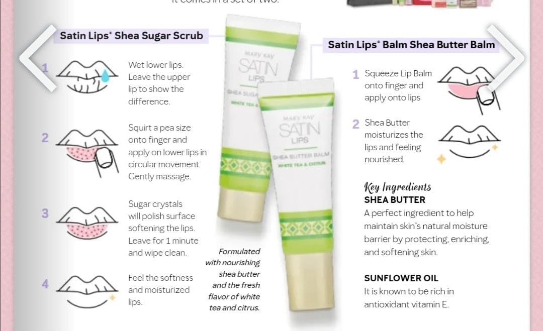 Mary Kay Satin Lips two-step system shown together for an easy routine.