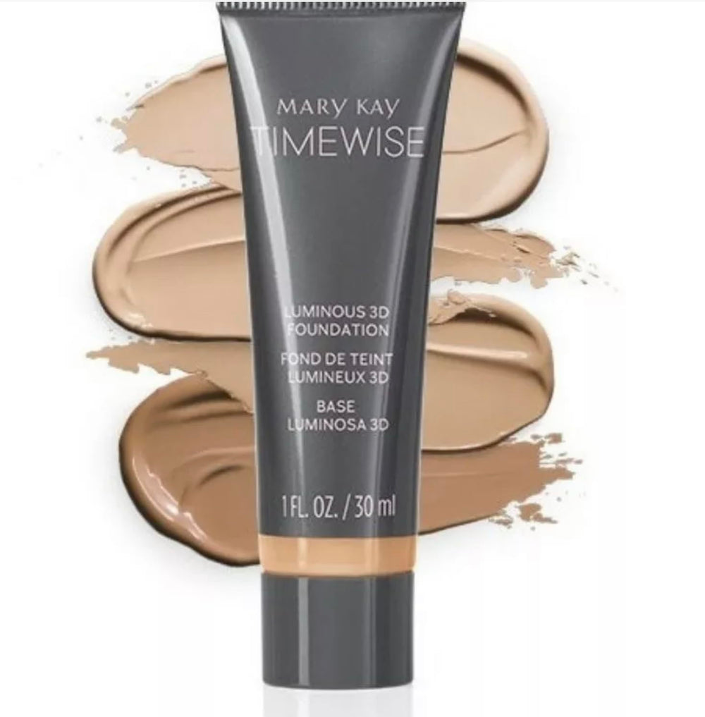 Mary Kay TimeWise Luminous 3D Foundation Ivory N160 bottle shows natural, lightweight coverage
