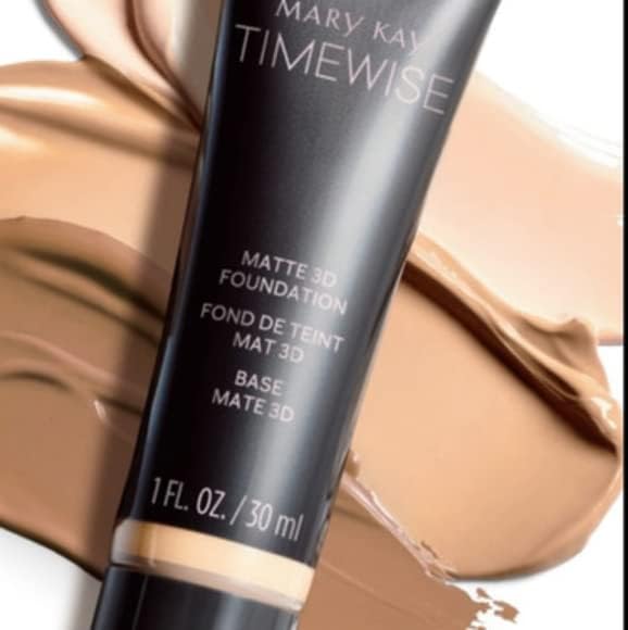 Mary Kay TimeWise Matte 3D Foundation Ivory C110 finish on face highlights long-wear potential.
