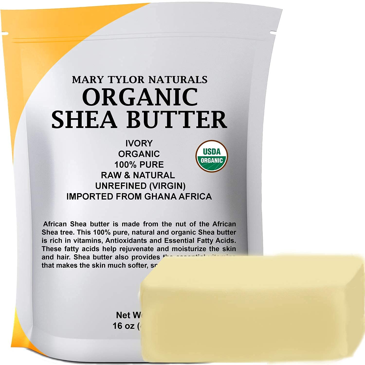 Mary Tylor Naturals Organic Shea Butter 1 lb ivory block for pure skin nourishment