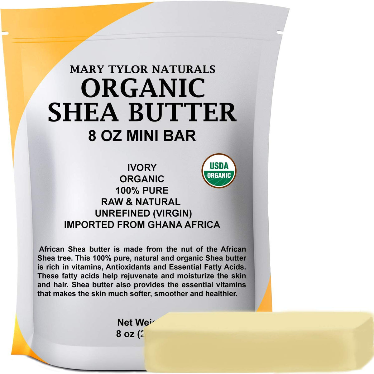 Mary Tylor Naturals Shea Butter 8 oz open packaging, ideal for DIY skin care.