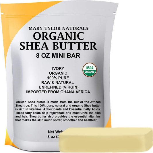 Mary Tylor Naturals Shea Butter 8 oz open packaging, ideal for DIY skin care.