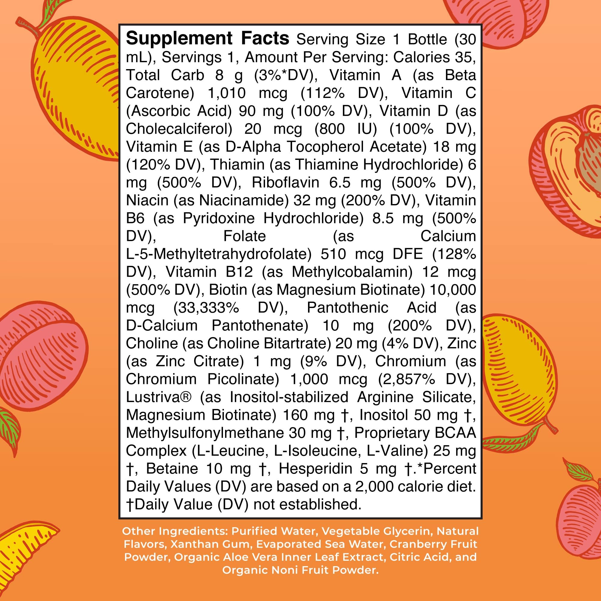 Close-up of MaryRuth Liquid Multivitamin label with biotin 10000 mcg.