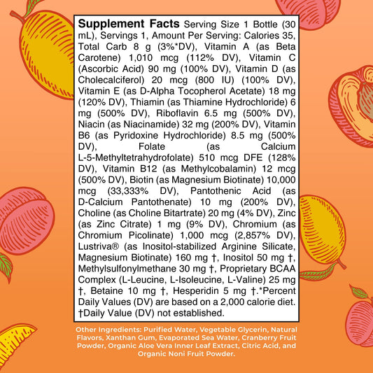 Close-up of MaryRuth Liquid Multivitamin label with biotin 10000 mcg.