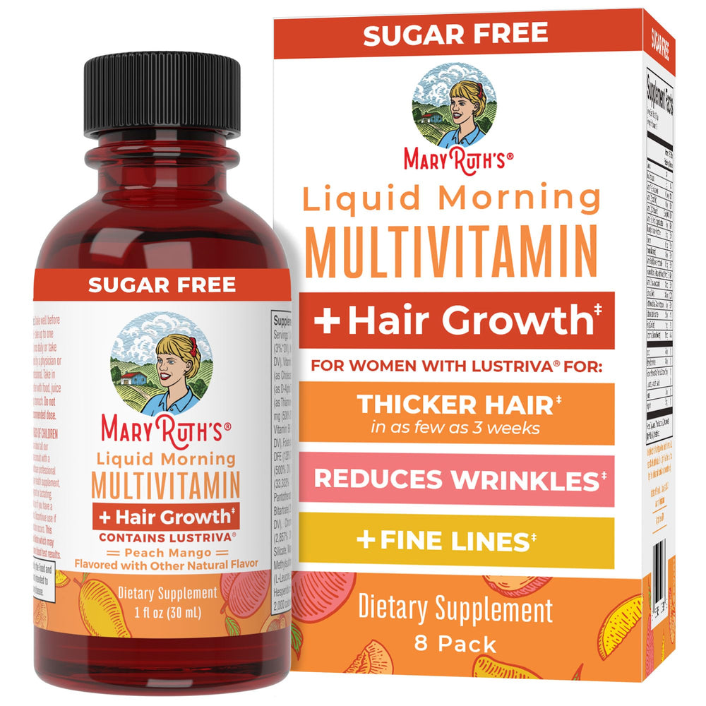 MaryRuth Organics Lustriva bottle pour for easy daily hair wellness routine.