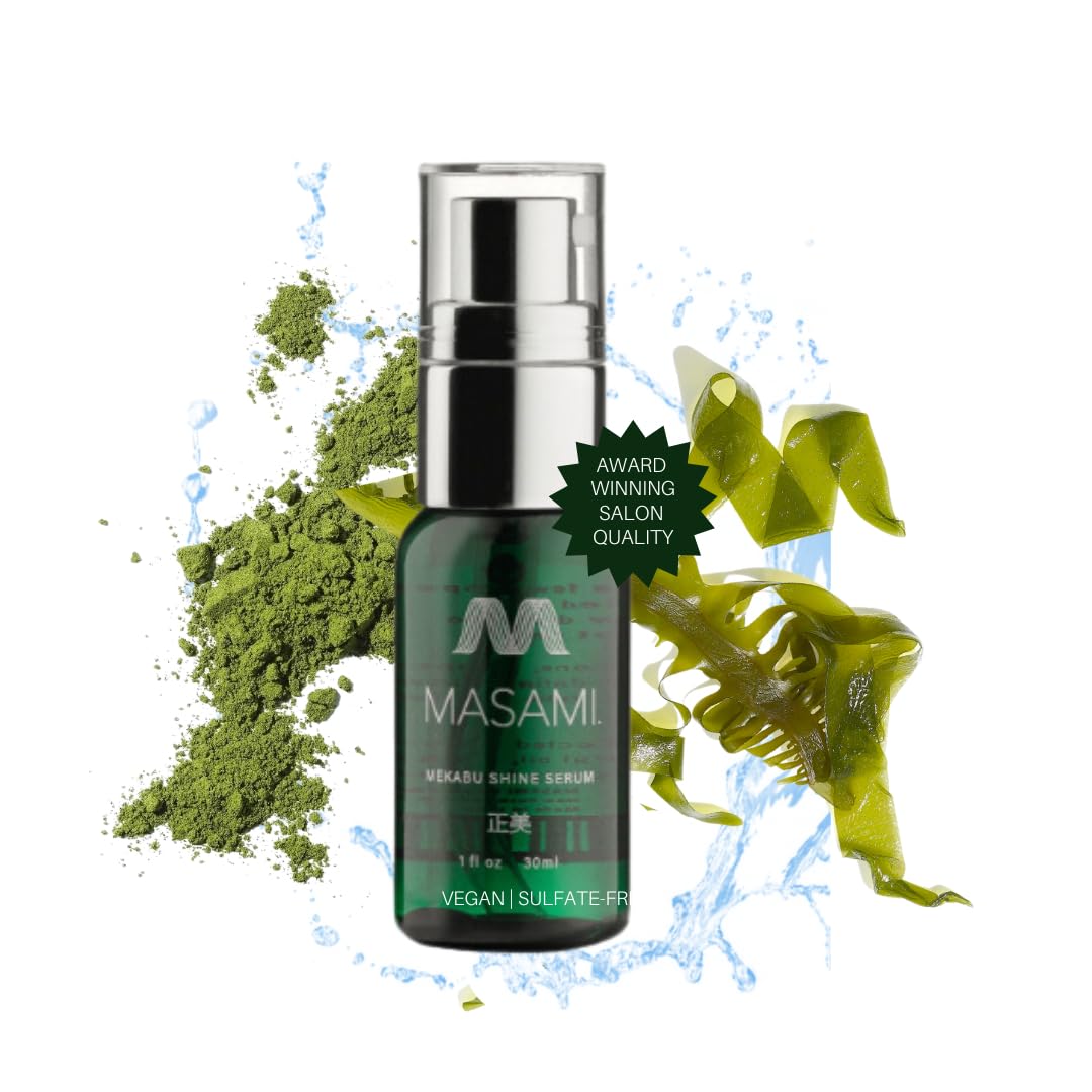 MASAMI Mekabu Hydrating Shine Serum travel-size bottle for on-the-go frizz control.