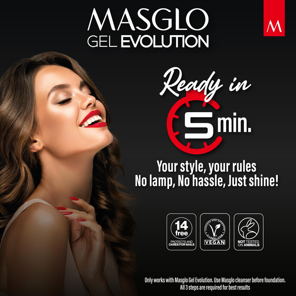 MASGLO Gel Evolution no-lamp application demonstrates air-dry convenience and glow.