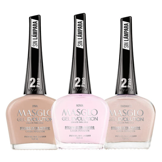 MASGLO Gel Evolution set with three shades for fast-dry color.