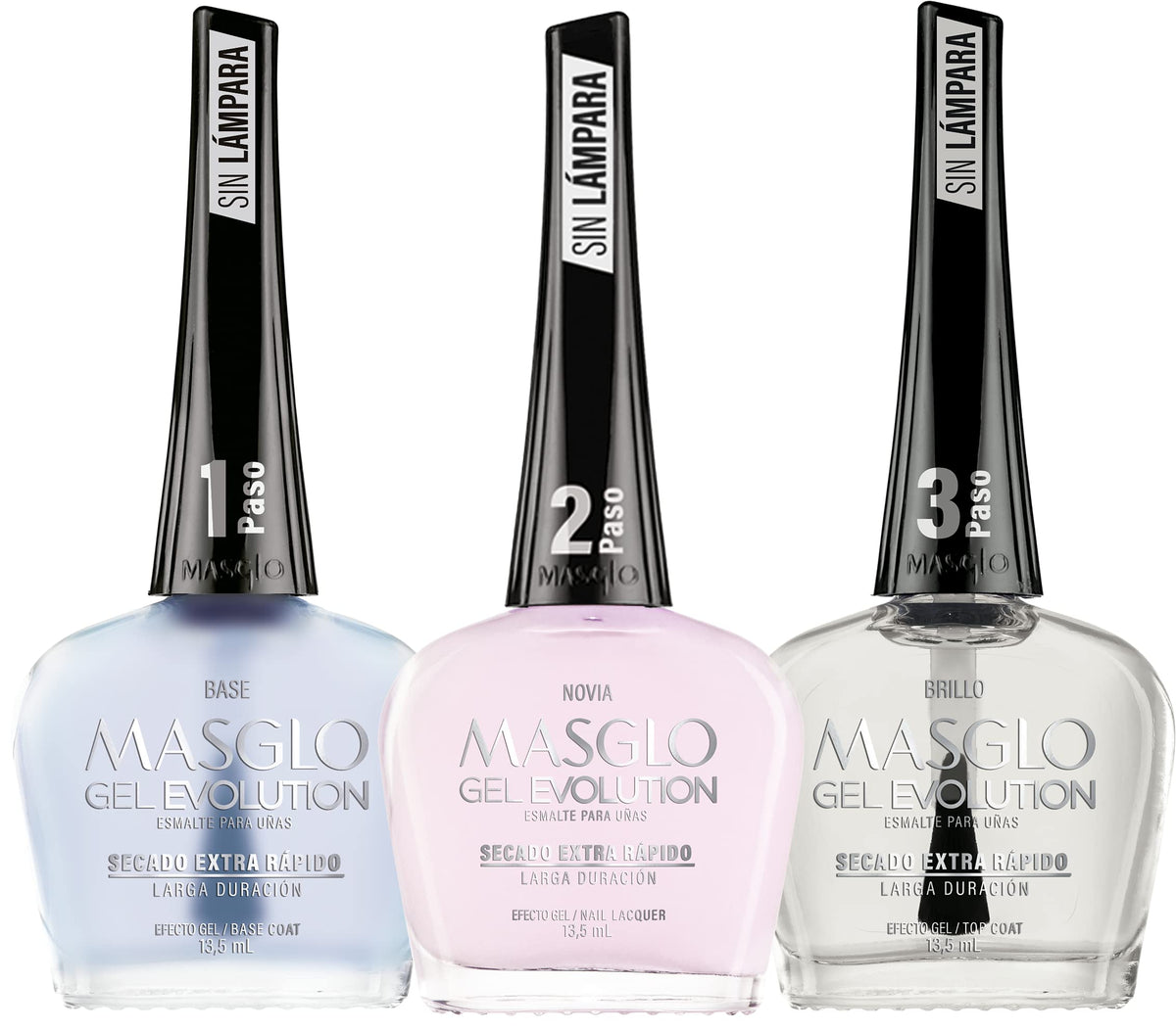MASGLO Gel Evolution set of 3 nail polishes for at-home salon shine and versatile color options.