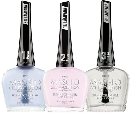 MASGLO Gel Evolution set of 3 nail polishes for at-home salon shine and versatile color options.
