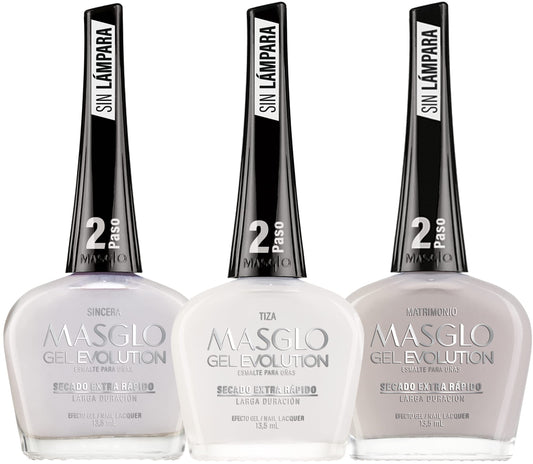 MASGLO Gel Evolution set of three polishes for at-home gel-like manicure.
