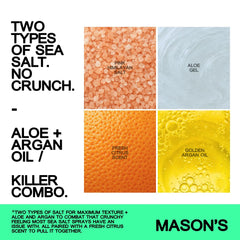 Mason’s Sea Salt Spray on damp hair for voluminous waves.