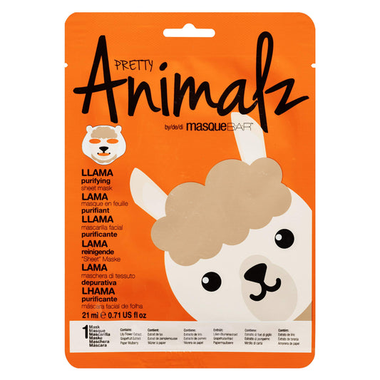 Close-up of llama face mask texture showing soothing serum.