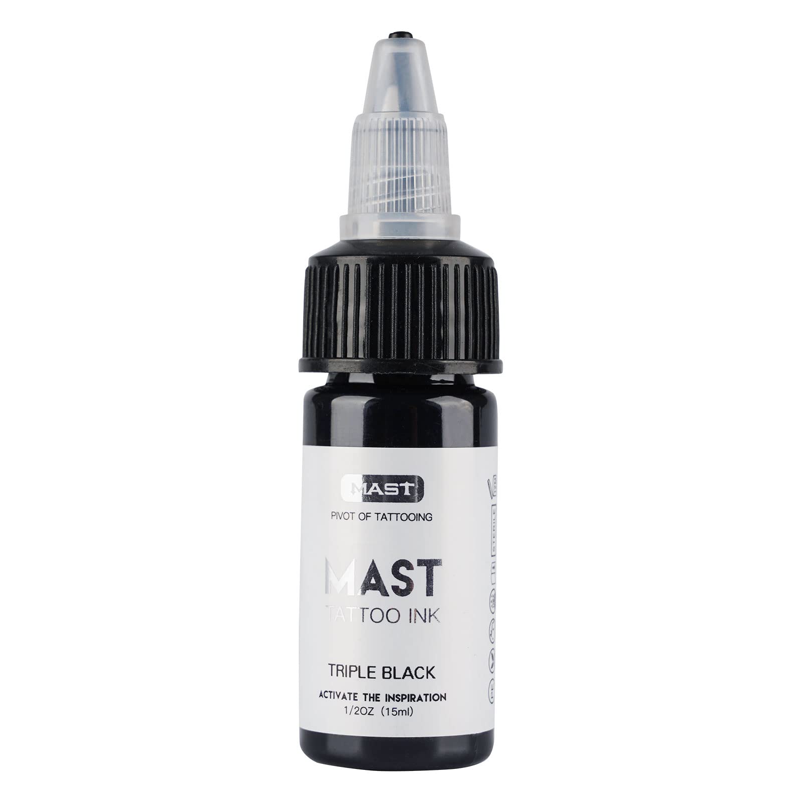 MAST TATTOO triple black ink bottle highlights deep, lasting color.