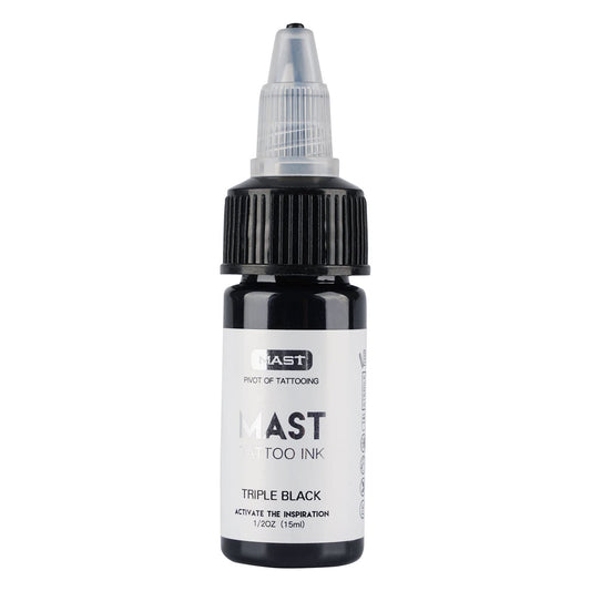 MAST TATTOO triple black ink bottle highlights deep, lasting color.