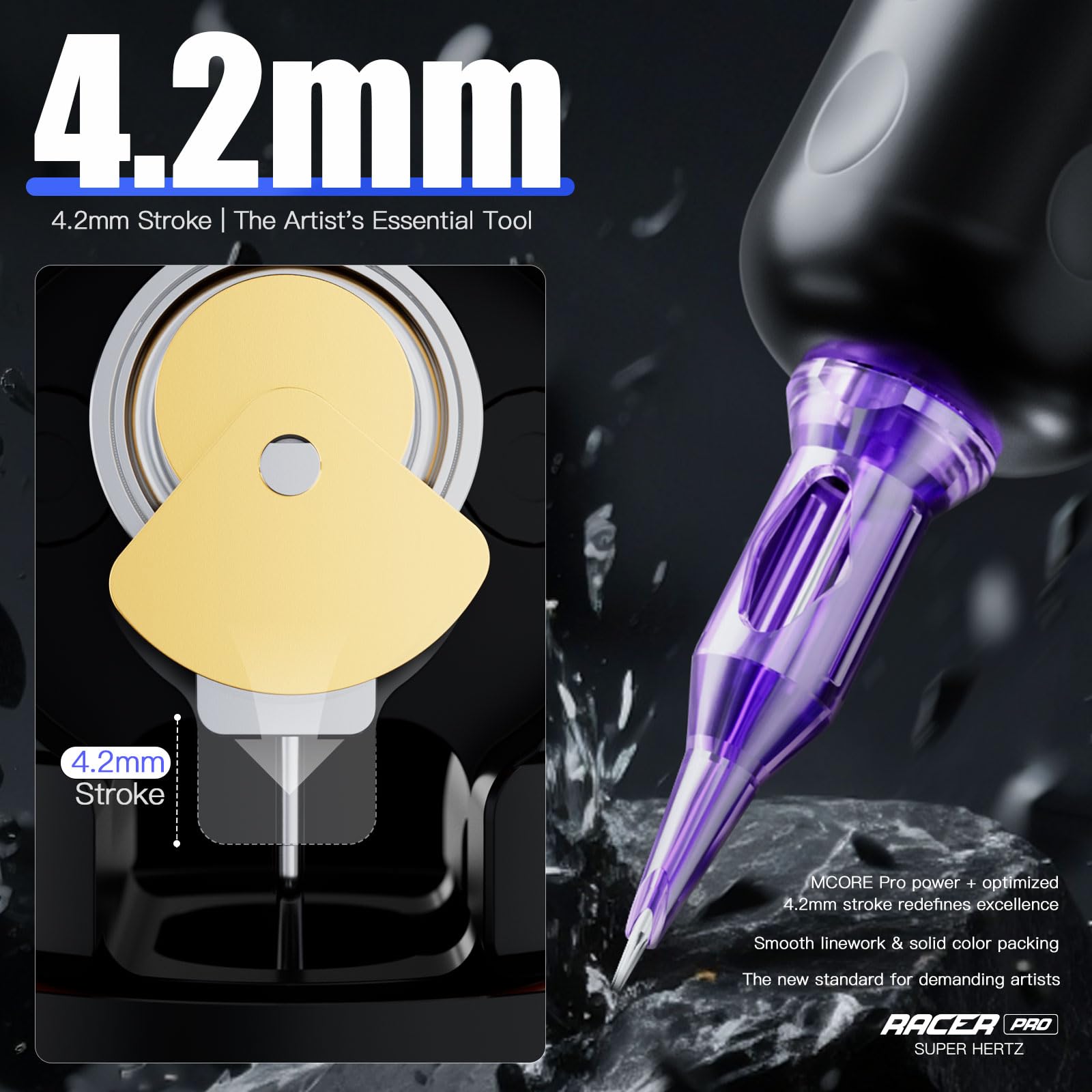 Mast Tattoo Racer Pro 4-2mm stroke delivers bold lines with even penetration.