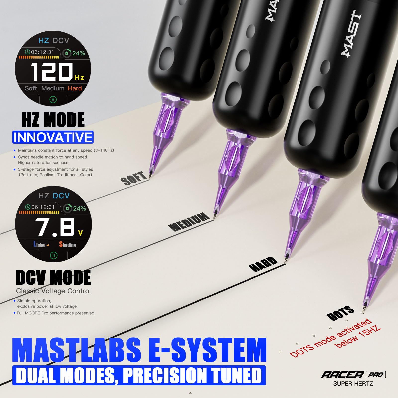 Mast Tattoo Racer Pro quiet performance demonstrates whisper-quiet operation for reduced fatigue.