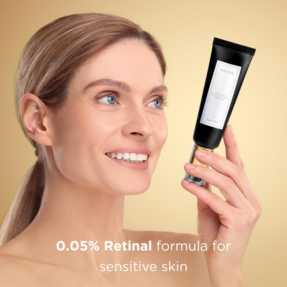 MATKAS retinal night cream texture close-up highlighting creamy, gentle formula for sensitive skin