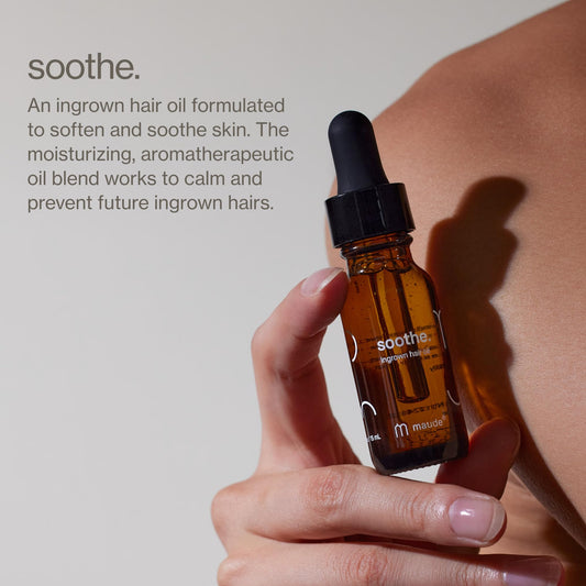 Maude Soothe apply drops on skin demonstrates post-shave relief.