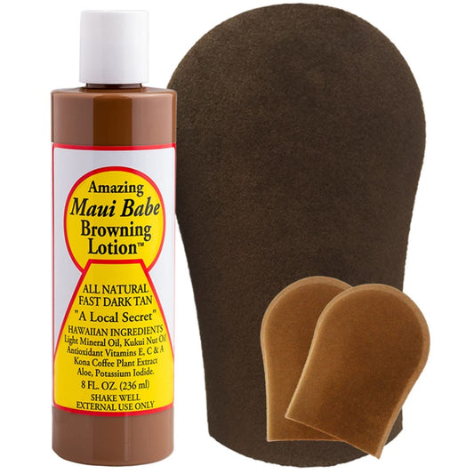 Maui Babe Browning Lotion bottle shows deep tan potential with island inspired formula.