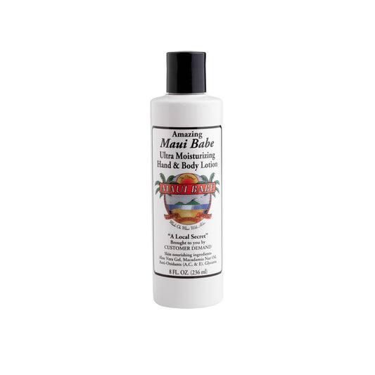 Maui Babe Hand and Body Lotion bottle provides daily hydration with a non-greasy finish.