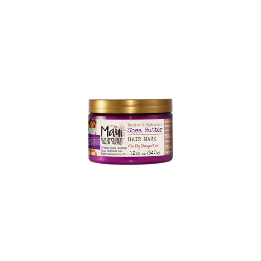 Maui Moisture Shea Butter Hair Mask jar closeup showing creamy texture for moisture.