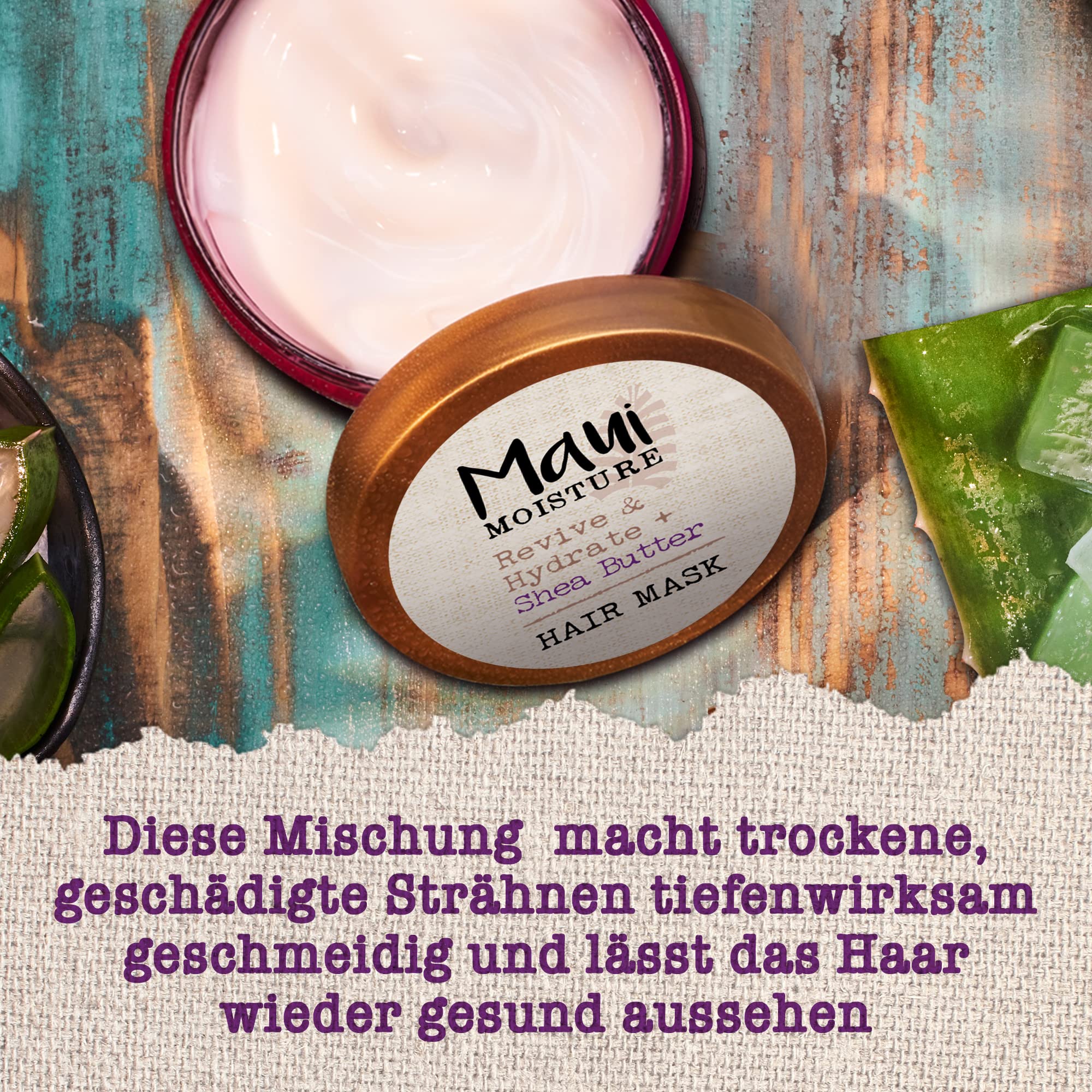 Maui Moisture Shea Butter Hair Mask texture closeup for deep conditioning.