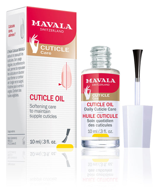 Mavala Cuticle Oil bottle delivers lightweight hydration for nail care.