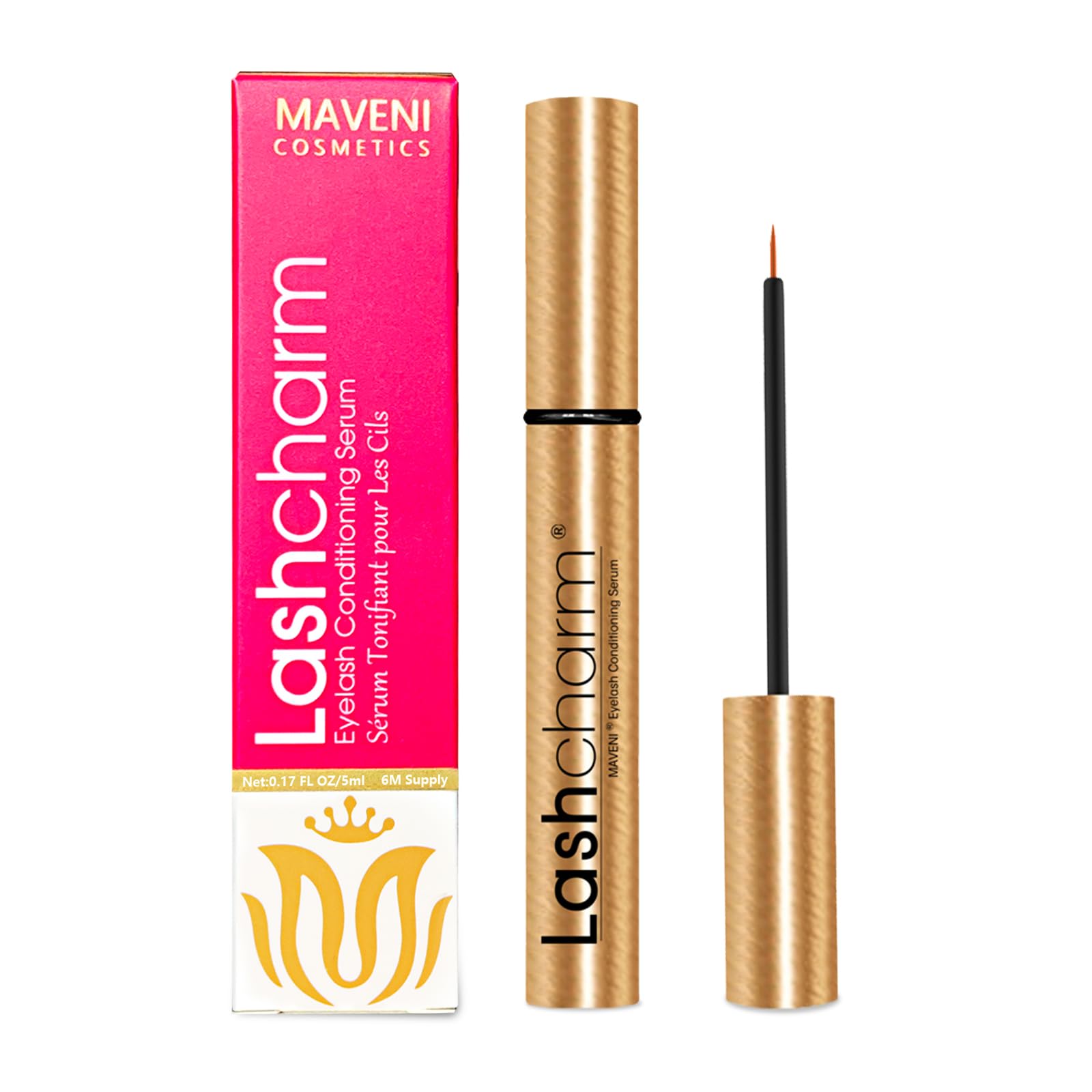 MAVENI Lash Enhancing Serum bottle with gold cap for premium daily treatment.