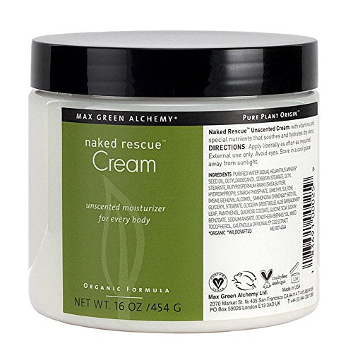 Max Green Alchemy Naked Rescue Unscented Cream jar offers fragrance-free hydration for dry, sensitive skin
