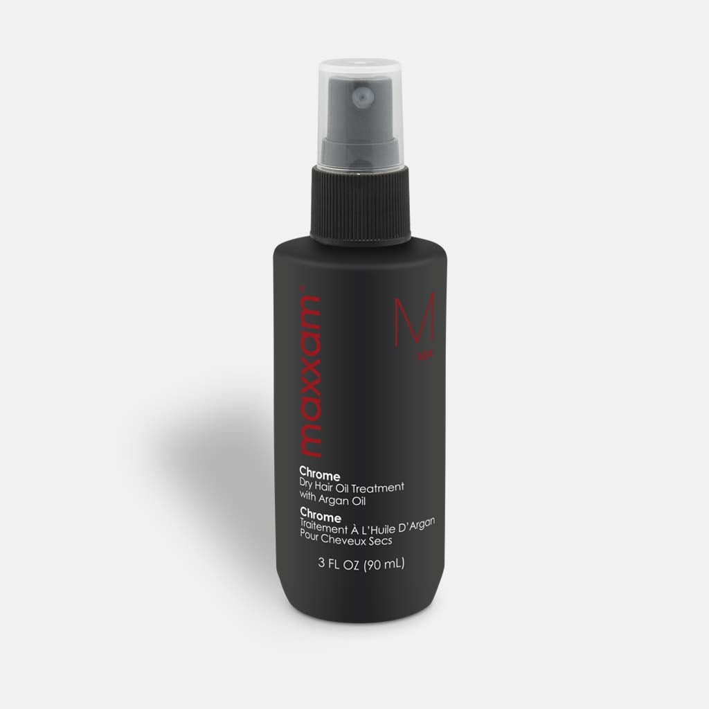 HAIR CLUB Maxxam Chrome bottle closeup showing premium leave-in oil for daily heat protection.
