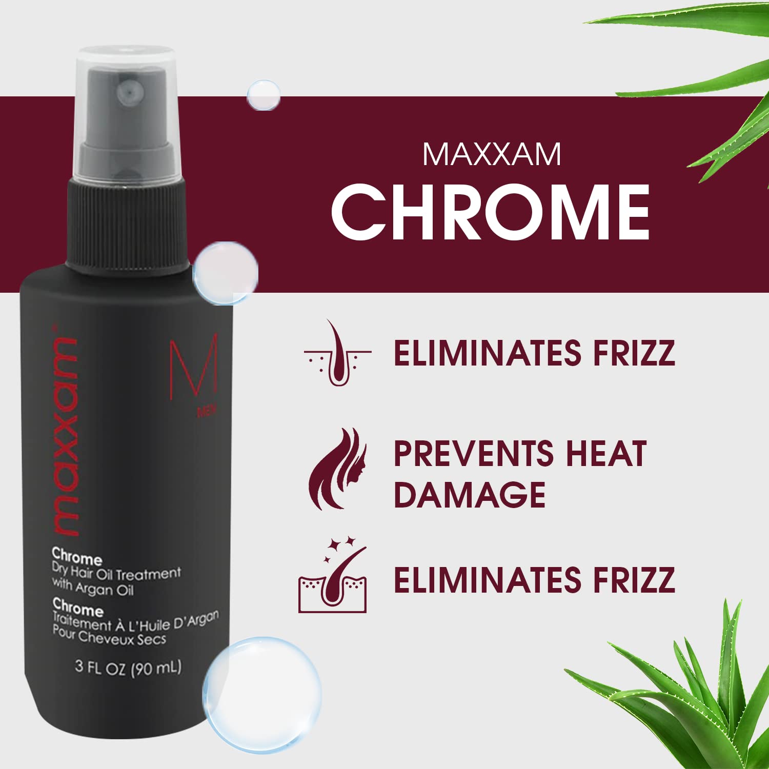 HAIR CLUB Maxxam Chrome bottle pouring on wet hair to reduce frizz and add moisture.