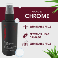 HAIR CLUB Maxxam Chrome bottle pouring on wet hair to reduce frizz and add moisture.