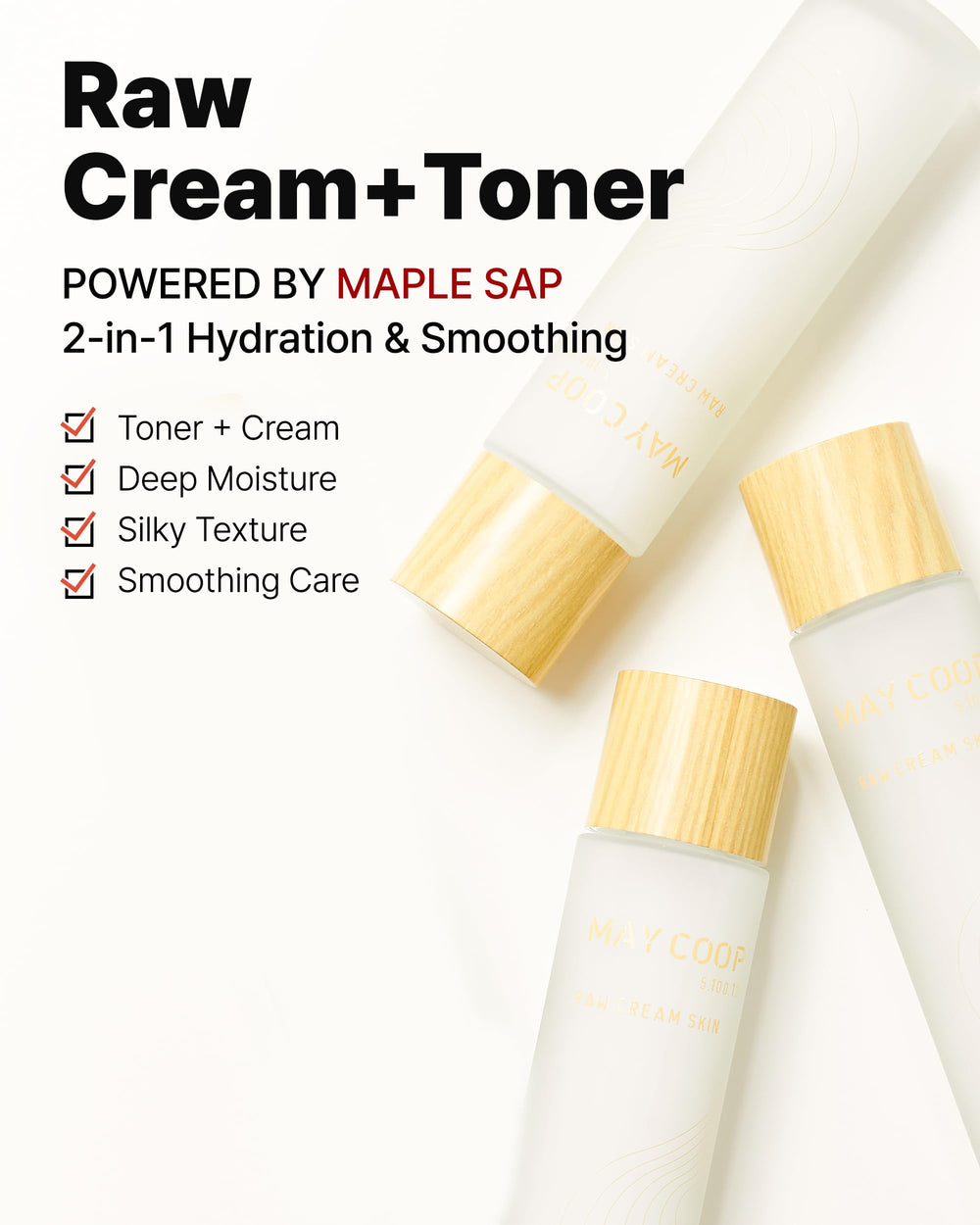 May COOP Cream Skin Toner pour-action shot showing fast-absorbing hydration.