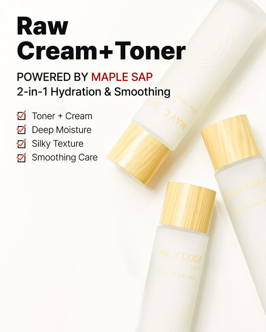 May COOP Cream Skin Toner pour-action shot showing fast-absorbing hydration.