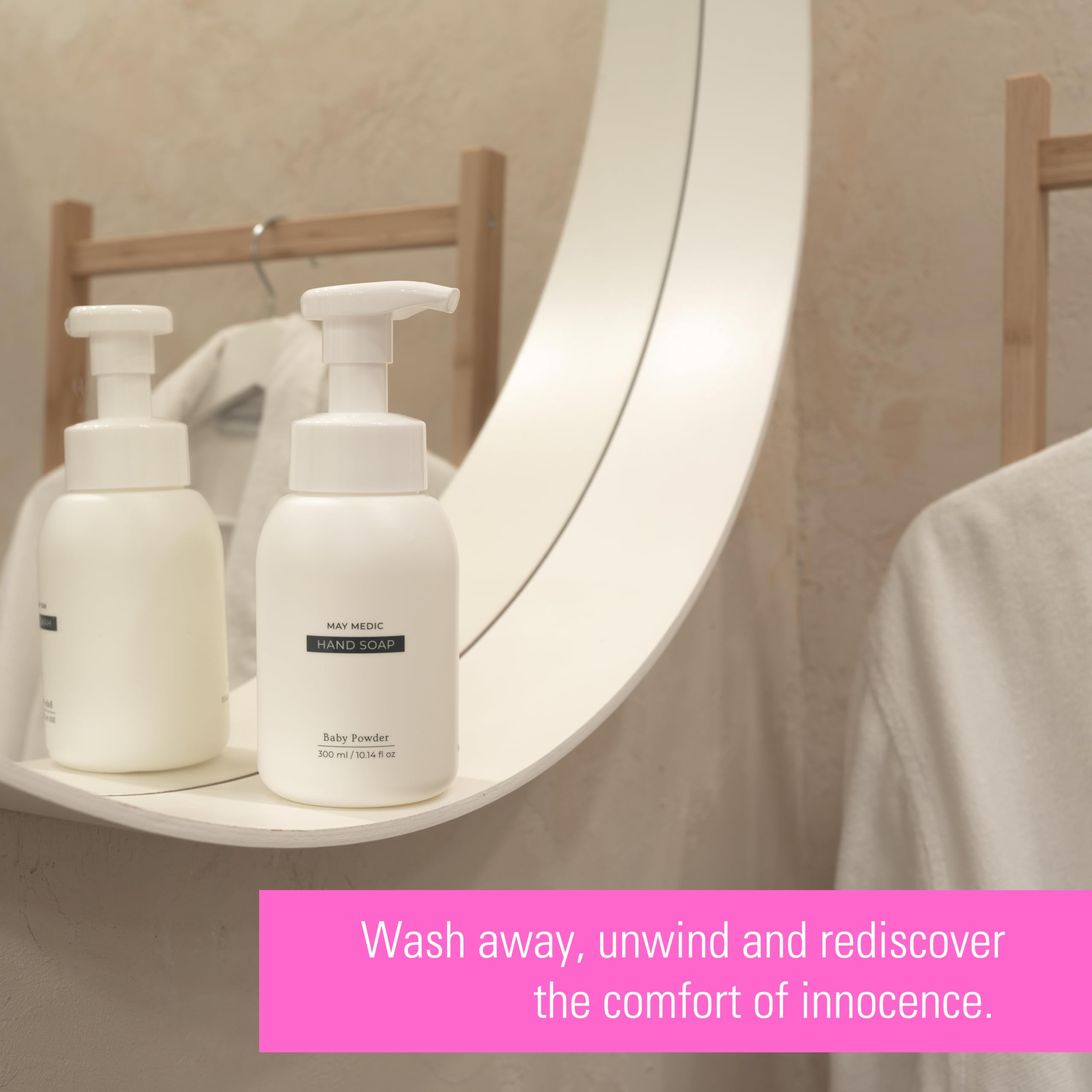 MAY MEDIC Baby Powder Hand Soap moisturizes skin while cleaning effectively.