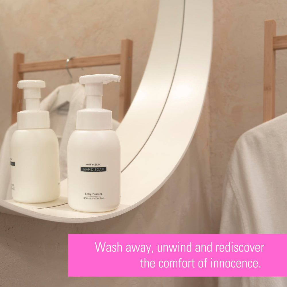 MAY MEDIC Baby Powder Hand Soap moisturizes skin while cleaning effectively.