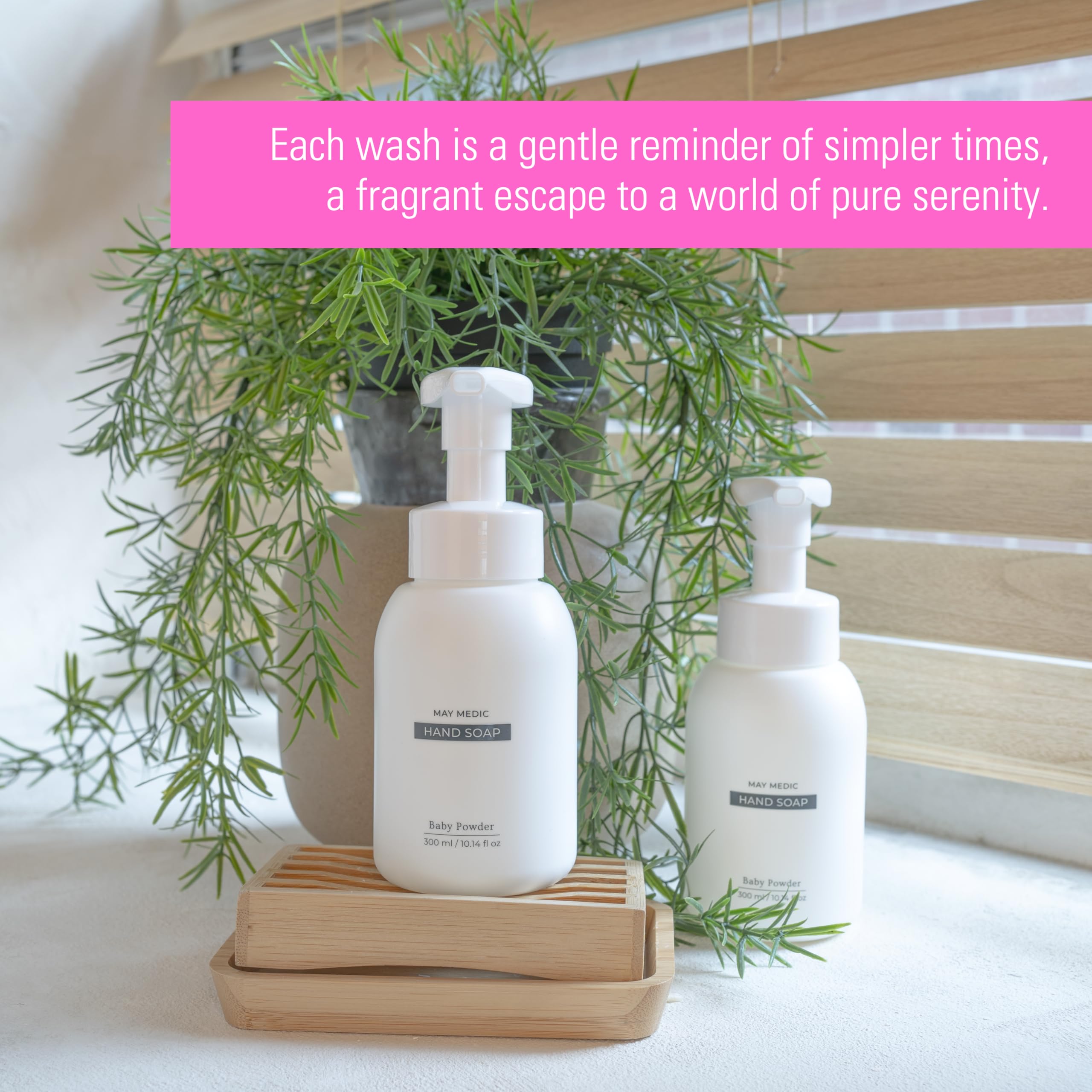 MAY MEDIC Baby Powder Hand Soap bottle on vanity with clean aroma.