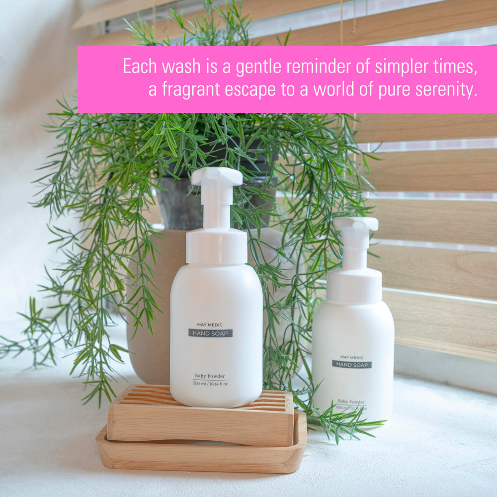 MAY MEDIC Baby Powder Hand Soap bottle on vanity with clean aroma.