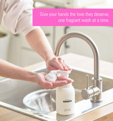 MAY MEDIC Baby Powder Hand Soap close-up of ingredients list and natural extracts.