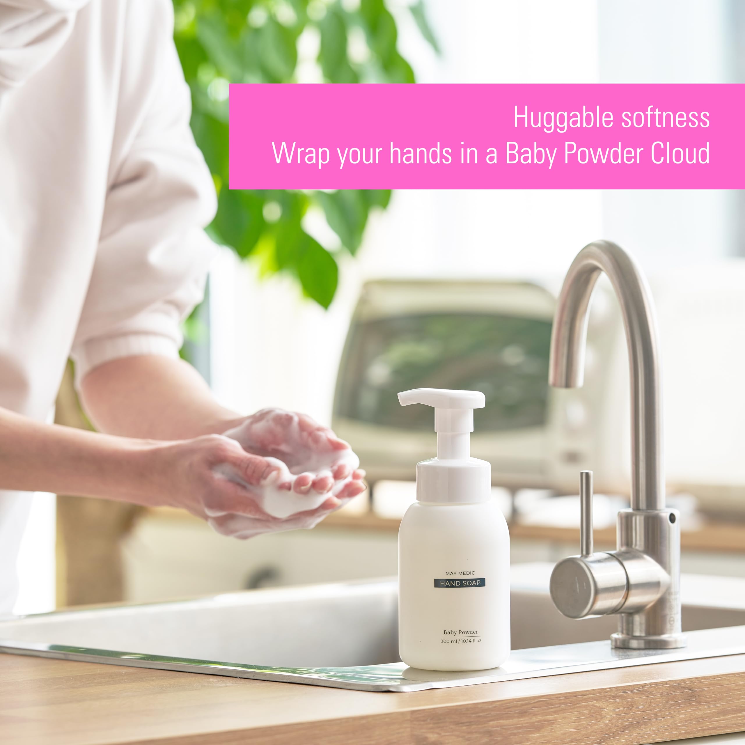 MAY MEDIC Baby Powder Hand Soap foam close-up showing rich lather and softness.