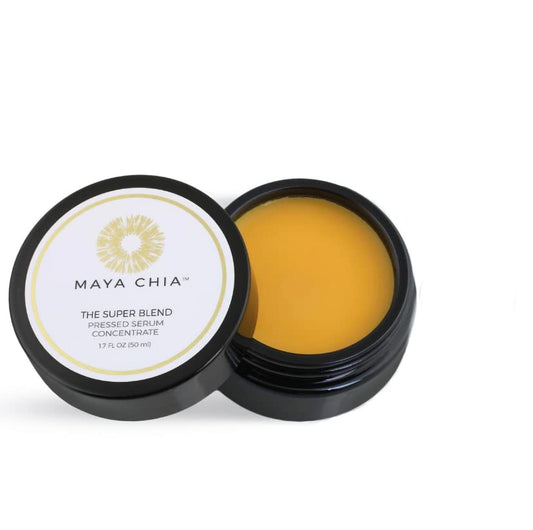 Maya Chia The Super Blend bottle with pressed serum for radiant, hydrated skin.