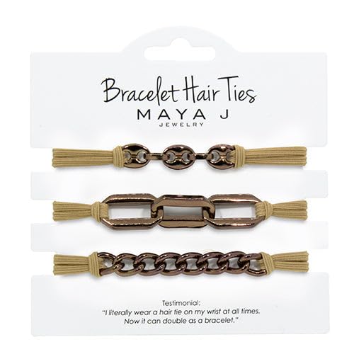 Maya J chocolate link bracelet hair tie offering chic style and gentle hold for everyday wear.