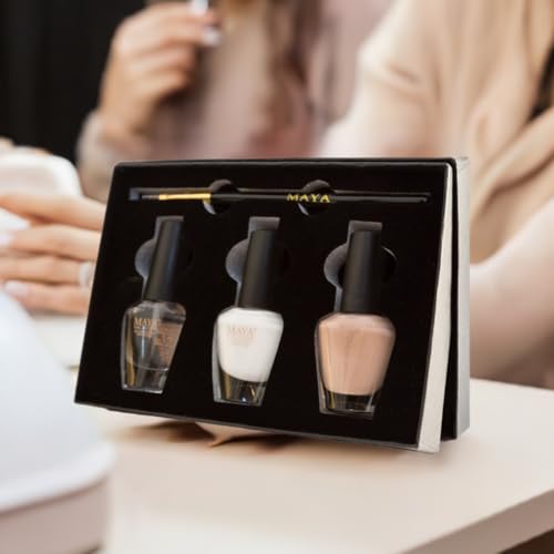 MAYA packaged set display shows complete at-home manicure contents.