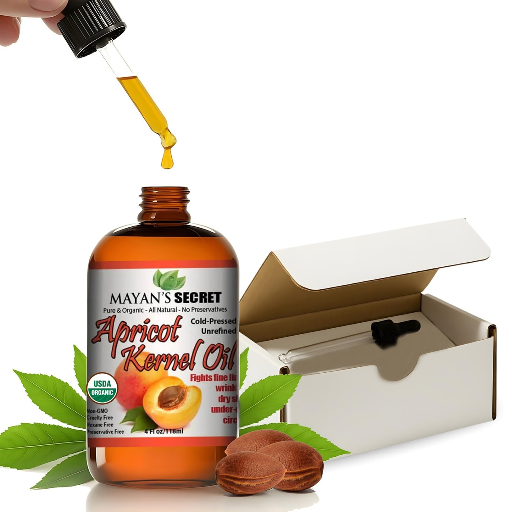 Mayan's Secret apricot oil bottle for daily skin hydration and glow
