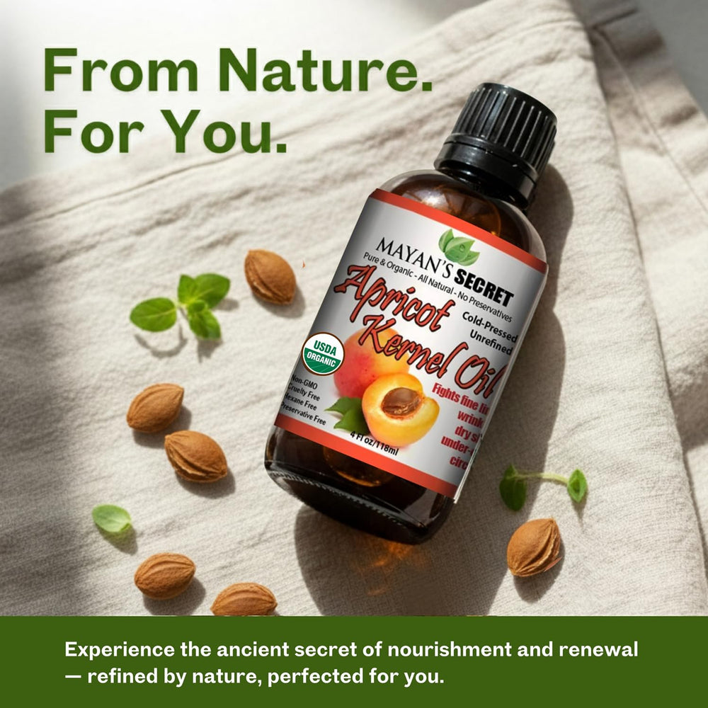 Mayan's Secret apricot oil packaging in amber glass bottle